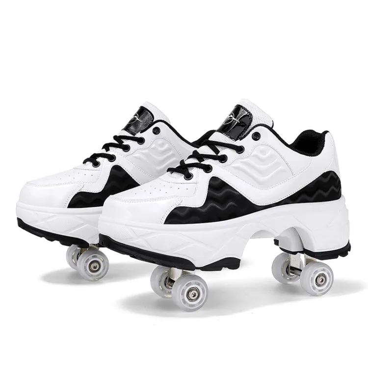 Deformable Four-wheel Retractable Double-row Dual-purpose Roller Skates, Size: 35(DF09 White Black)