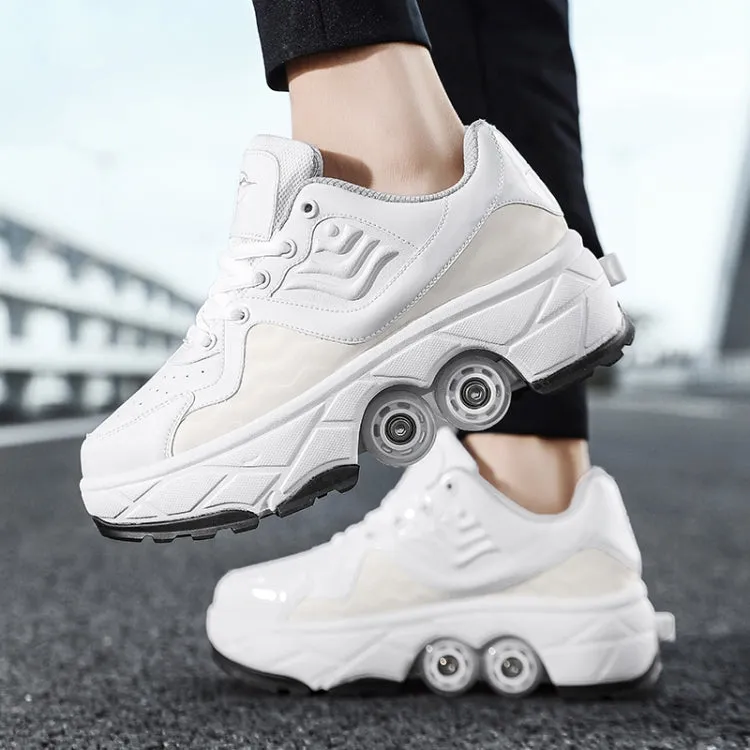 Deformable Four-wheel Retractable Double-row Dual-purpose Roller Skates, Size: 35(DF09 White Black)