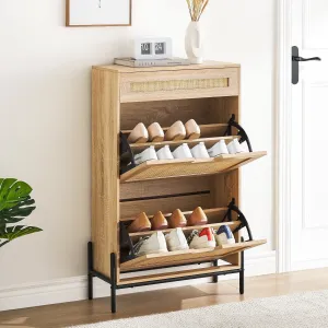 modern Garvee Rattan Shoe Cabinet with Hidden Drawers and Open Shelves, Wood, 44 lb