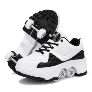 With Brakes Deformable Four-wheel Retractable Double-row Dual-purpose Roller Skates, Size: 35(DF08 White Black)