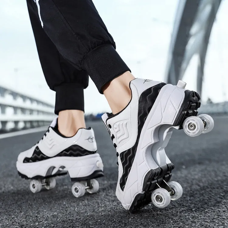 With Brakes Deformable Four-wheel Retractable Double-row Dual-purpose Roller Skates, Size: 35(DF08 White Black)