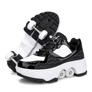 With Brakes Deformable Four-wheel Retractable Double-row Dual-purpose Roller Skates, Size: 36(DF08 Black)