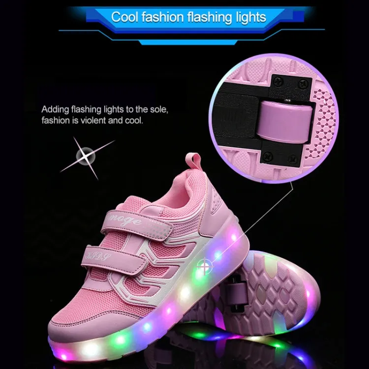 WS01 LED Light Ultra Light Mesh Surface Rechargeable Double Wheel Roller Skating Shoes Sport Shoes, Size : 34(Pink)