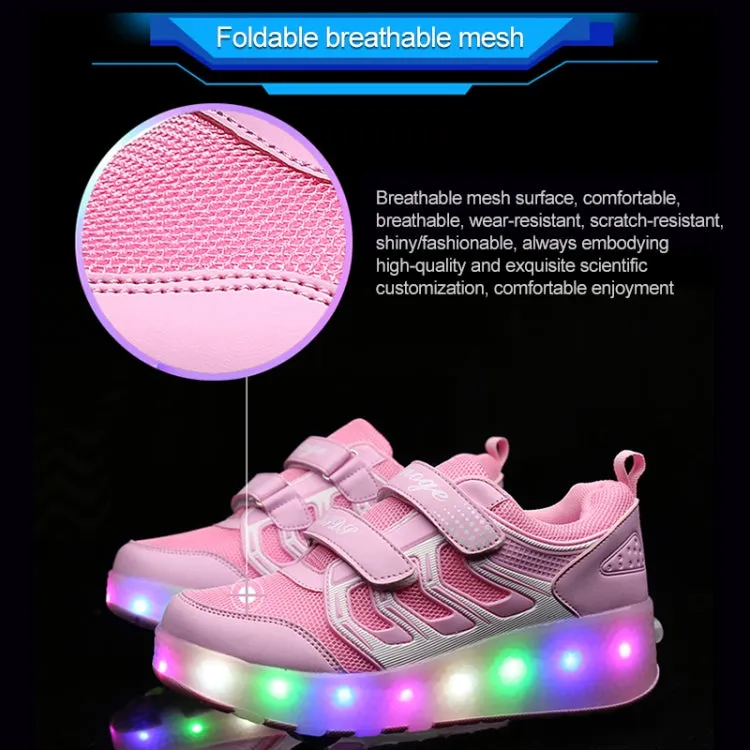 WS01 LED Light Ultra Light Mesh Surface Rechargeable Double Wheel Roller Skating Shoes Sport Shoes, Size : 34(Pink)