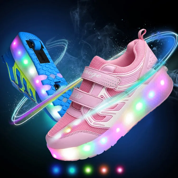 WS01 LED Light Ultra Light Mesh Surface Rechargeable Double Wheel Roller Skating Shoes Sport Shoes, Size : 34(Pink)